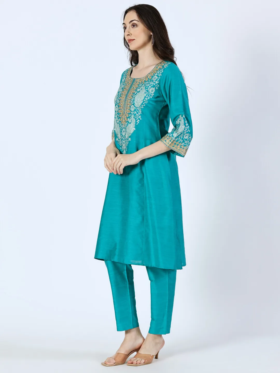 Turquoise Art Silk Embroidered Kurta and Palazzo Set