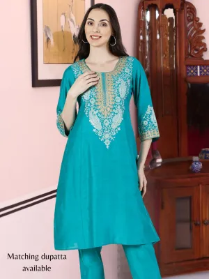 Turquoise Art Silk Embroidered Kurta and Palazzo Set