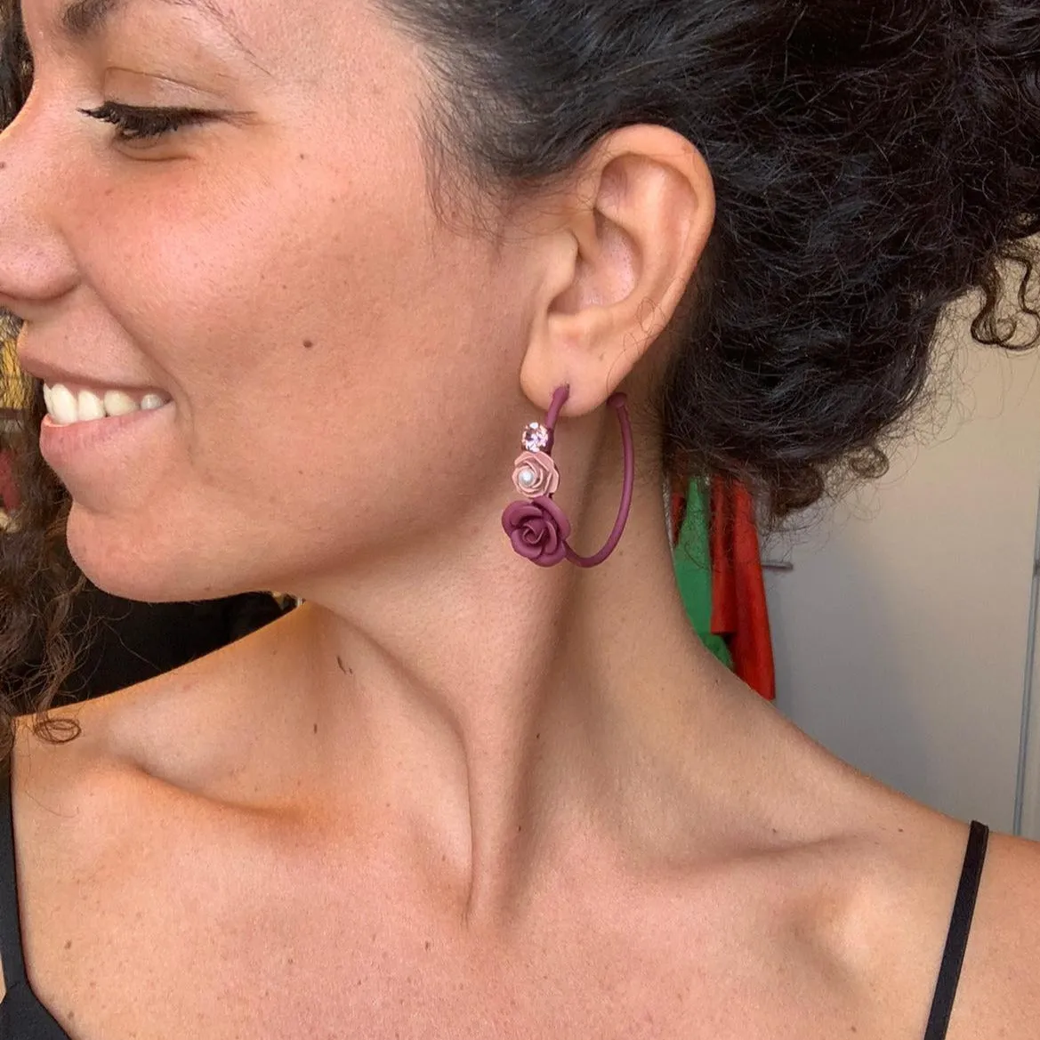 Tuscany Grape Purple Violetta Floral Hoop Earrings with Crystals - Silk effect