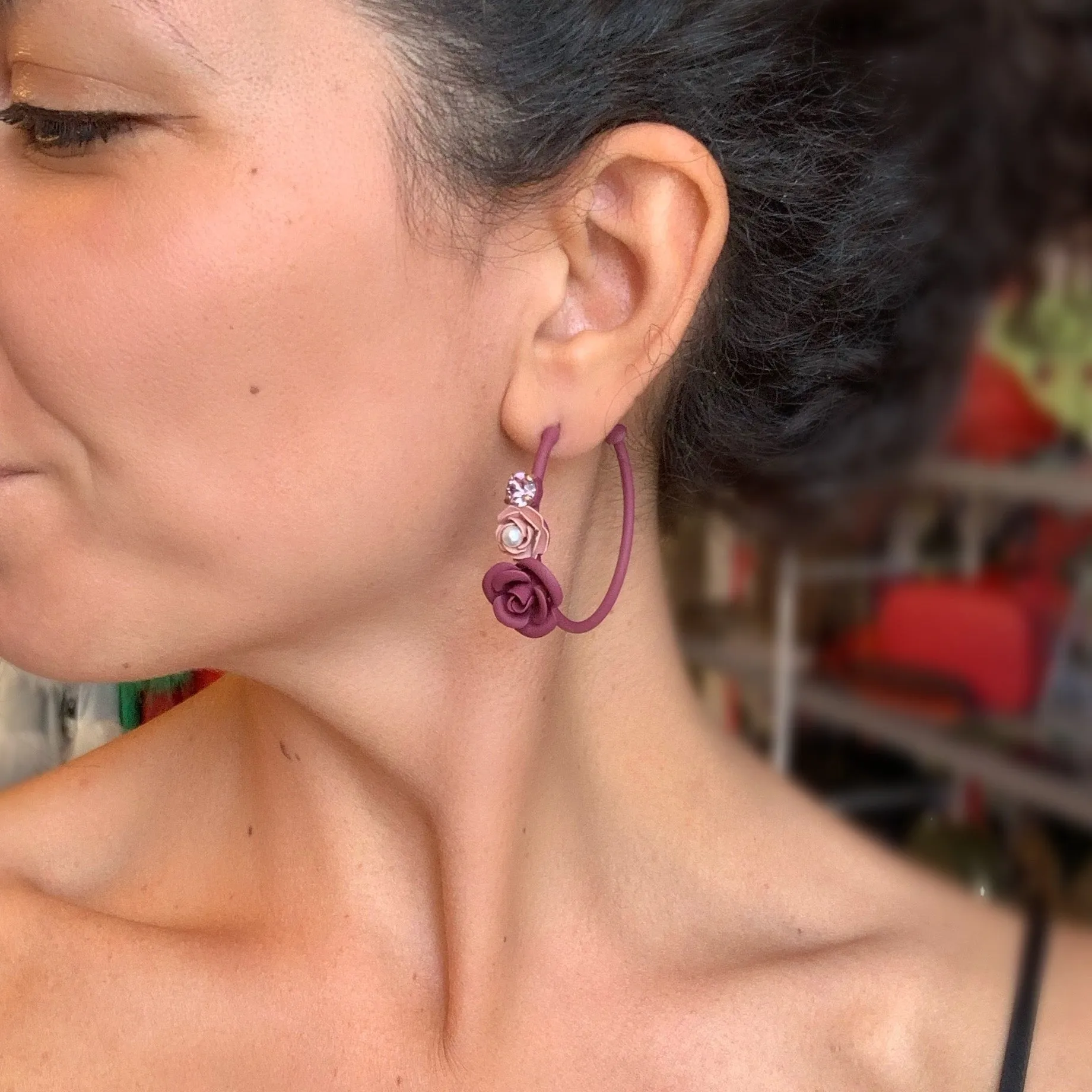 Tuscany Grape Purple Violetta Floral Hoop Earrings with Crystals - Silk effect