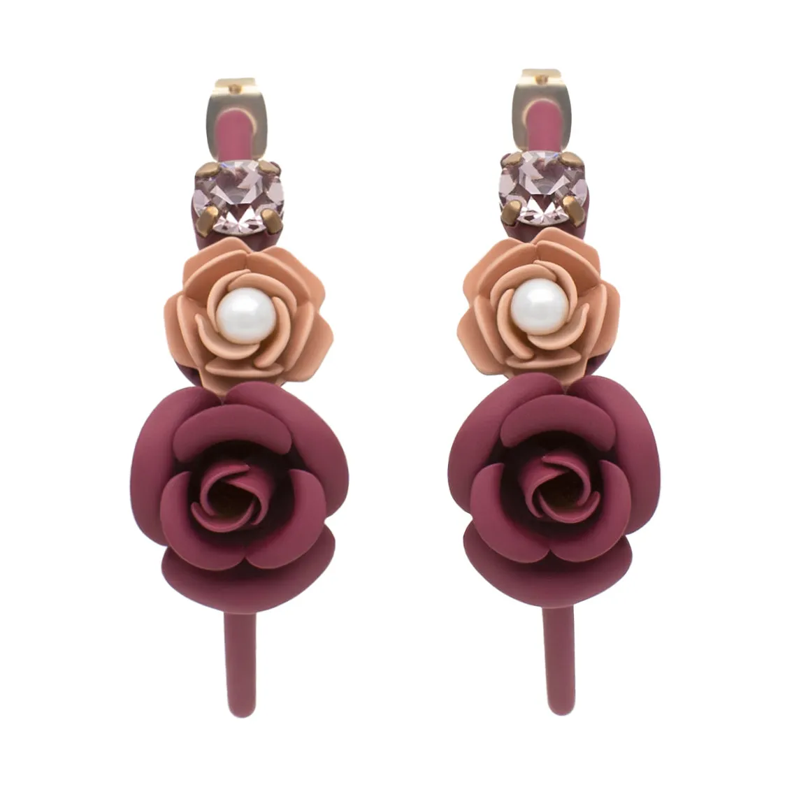 Tuscany Grape Purple Violetta Floral Hoop Earrings with Crystals - Silk effect