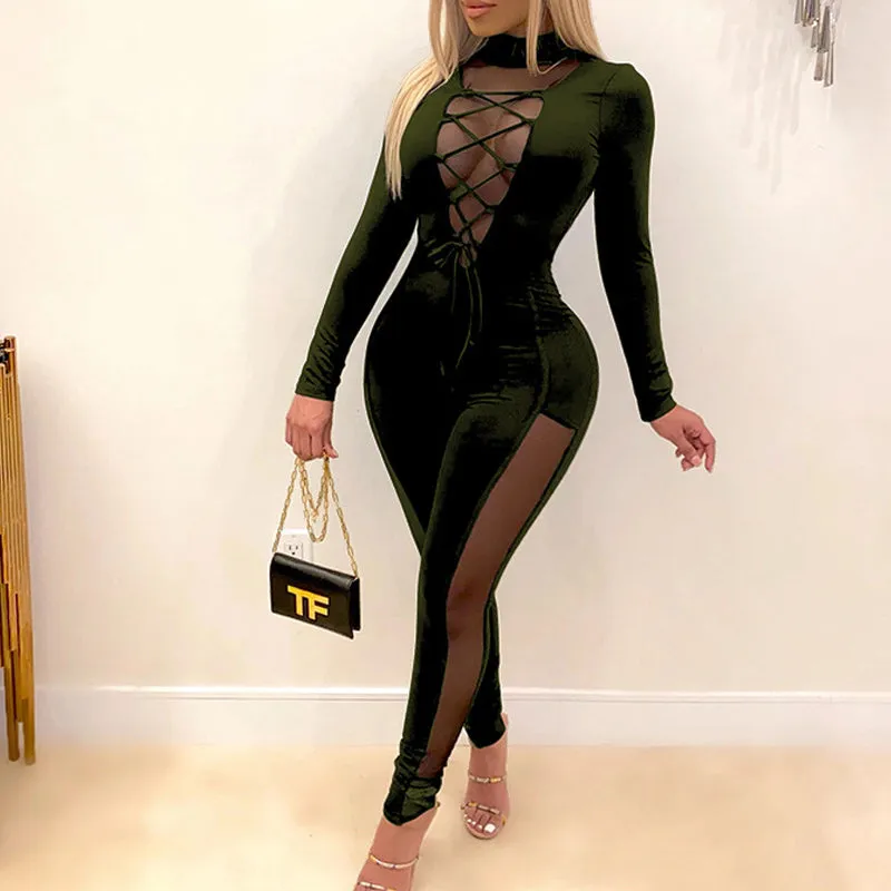 V-Neck LaceUp Sheer Mesh Patchwork Backless Long Sleeve Jumpsuit