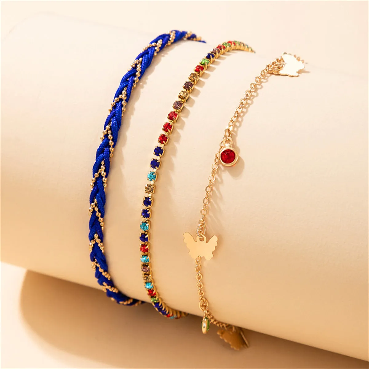 Vibrant Cubic Zirconia & Blue Butterfly Charm Anklet Set