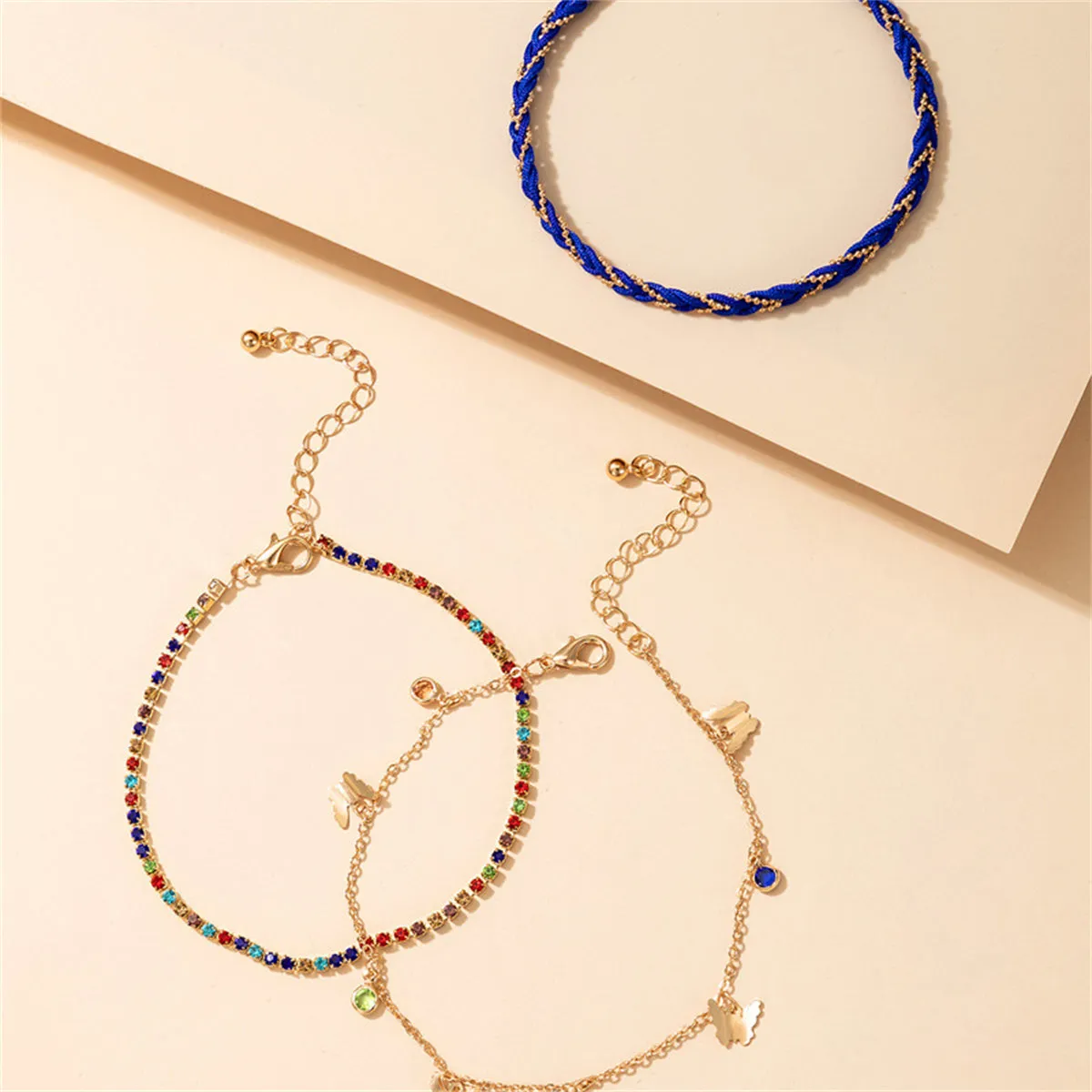 Vibrant Cubic Zirconia & Blue Butterfly Charm Anklet Set