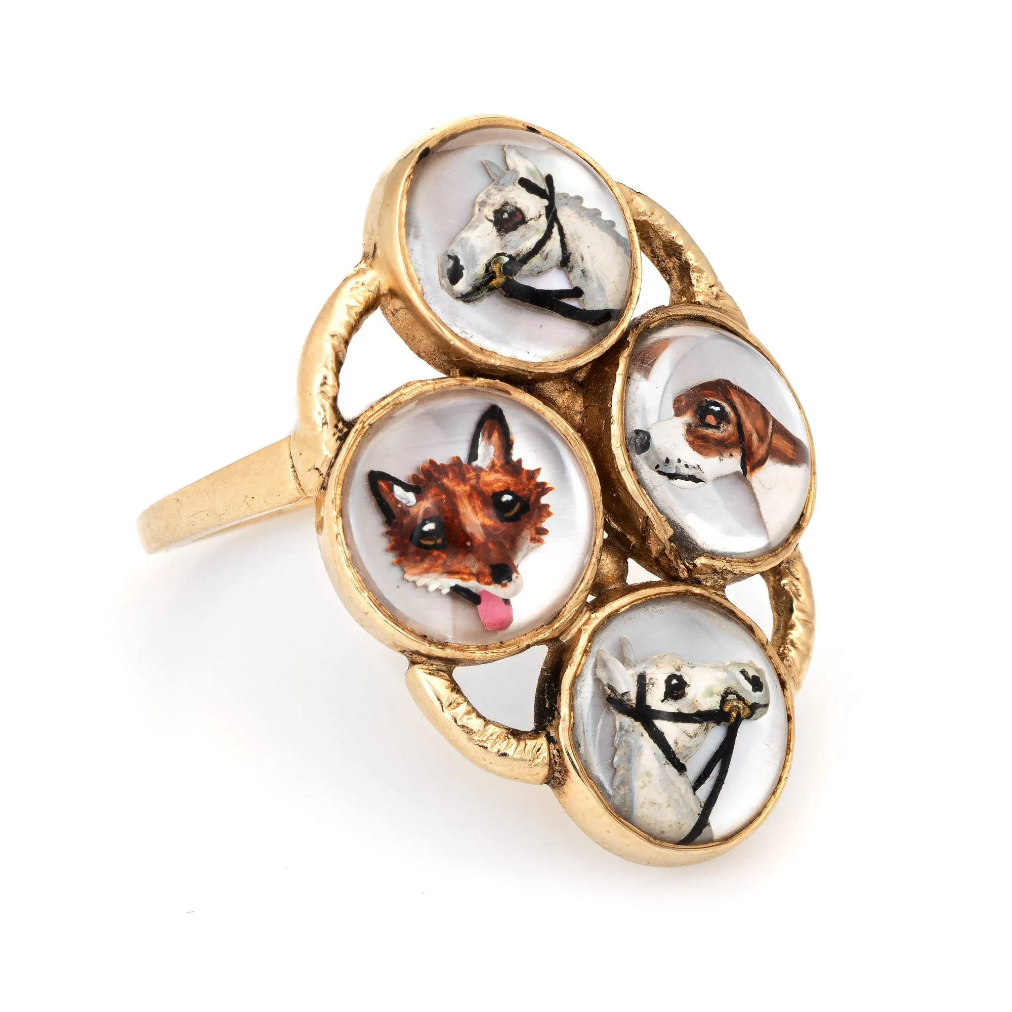 Victorian Essex Crystal Conversion Ring Horse Fox Dog Vintage 14k Gold Jewelry
