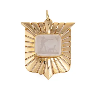 Vintage Agate Intaglio Pendant Brooch Hunting Scene Dog 14k Yellow Gold Animal