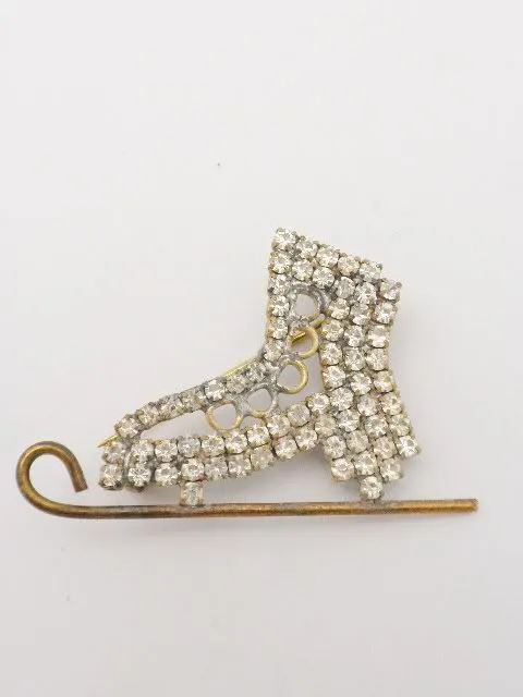 Vintage Czech Crystal Ice Skate Brooch Pin