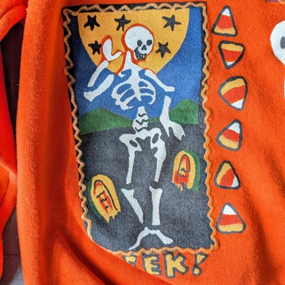 Vintage India Ink Handpainted Orange Halloween Witch Ghost Skeleton Sweatshirt