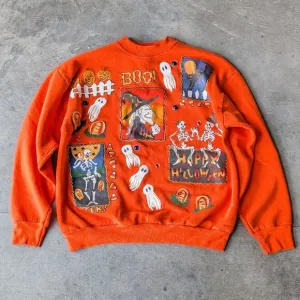 Vintage India Ink Handpainted Orange Halloween Witch Ghost Skeleton Sweatshirt