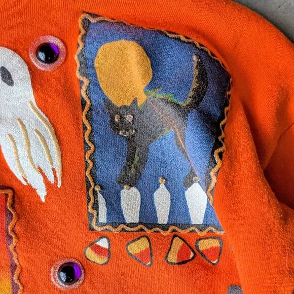 Vintage India Ink Handpainted Orange Halloween Witch Ghost Skeleton Sweatshirt