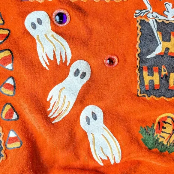 Vintage India Ink Handpainted Orange Halloween Witch Ghost Skeleton Sweatshirt