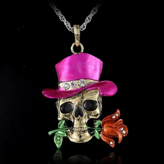 Vintage Retro Skeleton Skull Charm Pendant Necklace