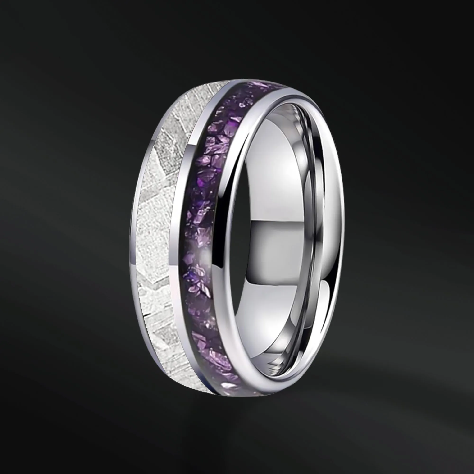 Violet Bliss Set - 3PCS His & Her Wedding Engagement Ring Set | Amethyst Engagement Ring With Natural Diamonds | Muonionalusta Meteorite and Amethyst Wedding Band