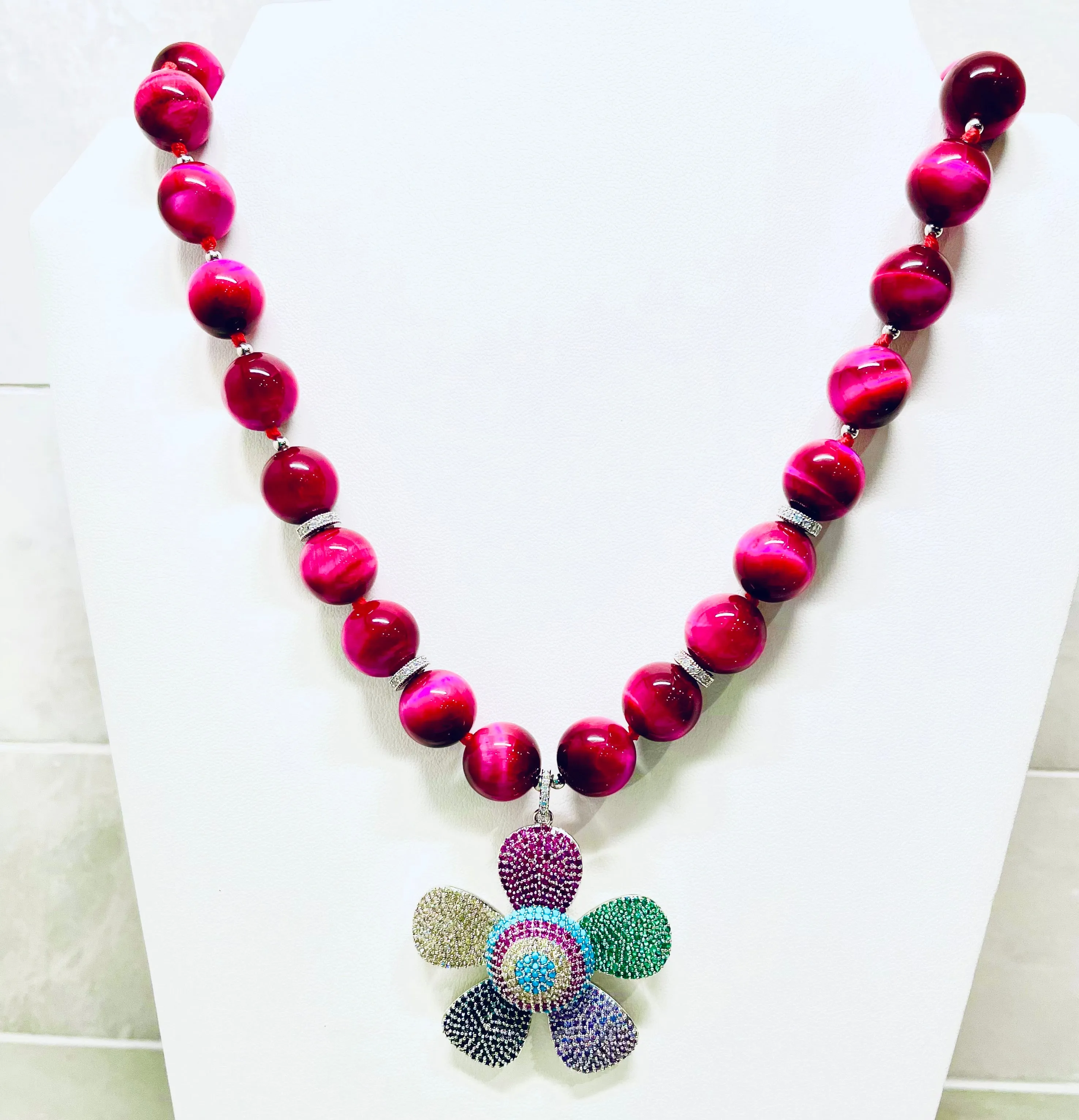 Vivid Fuchsia Tiger’s Eye & Pave Flower Pendant Statement Necklace 24”