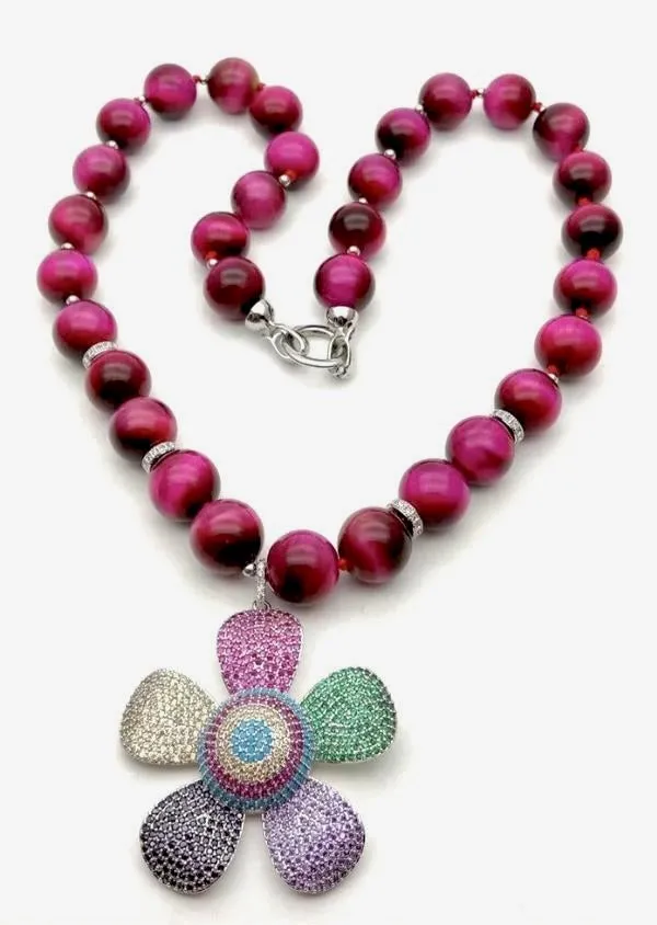 Vivid Fuchsia Tiger’s Eye & Pave Flower Pendant Statement Necklace 24”