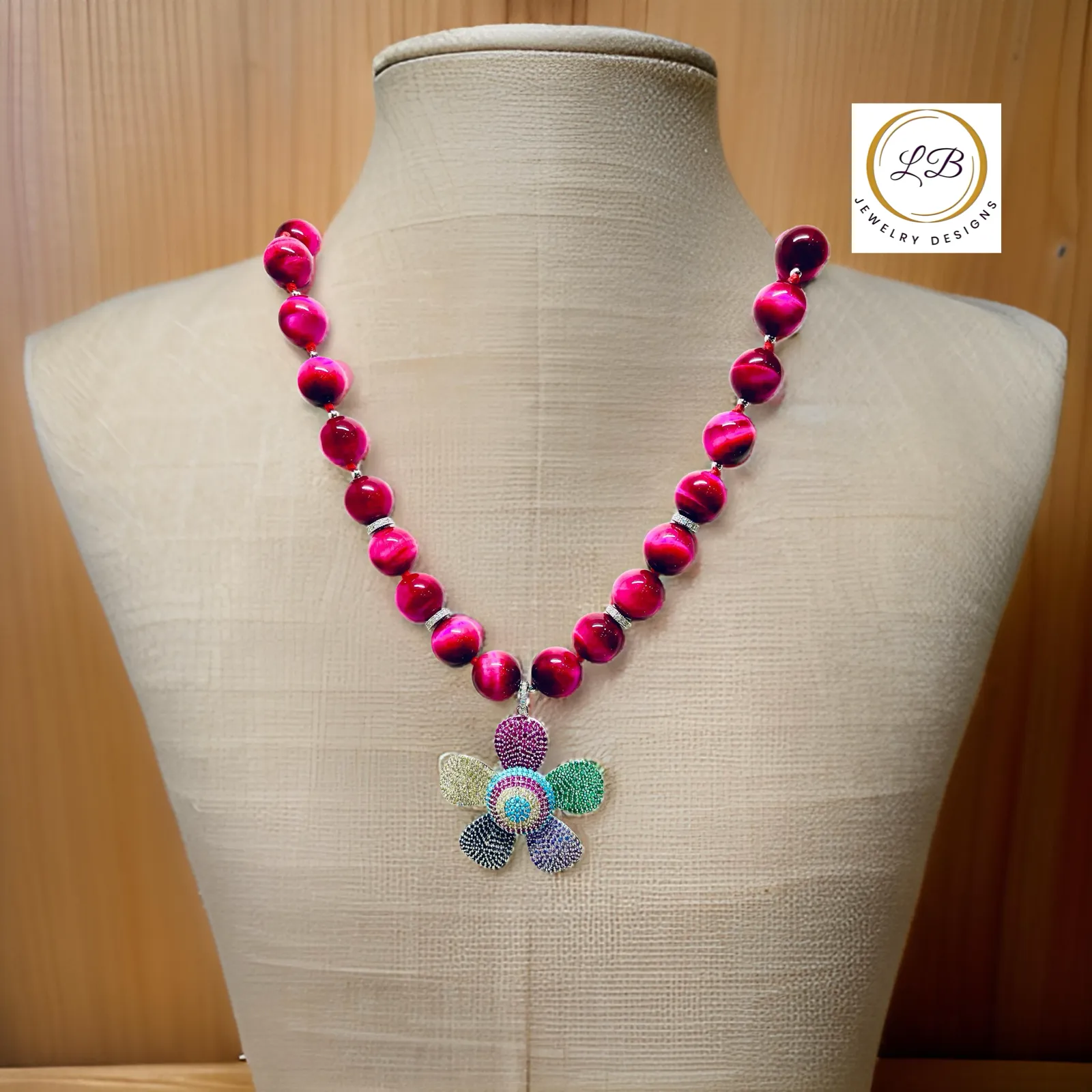 Vivid Fuchsia Tiger’s Eye & Pave Flower Pendant Statement Necklace 24”