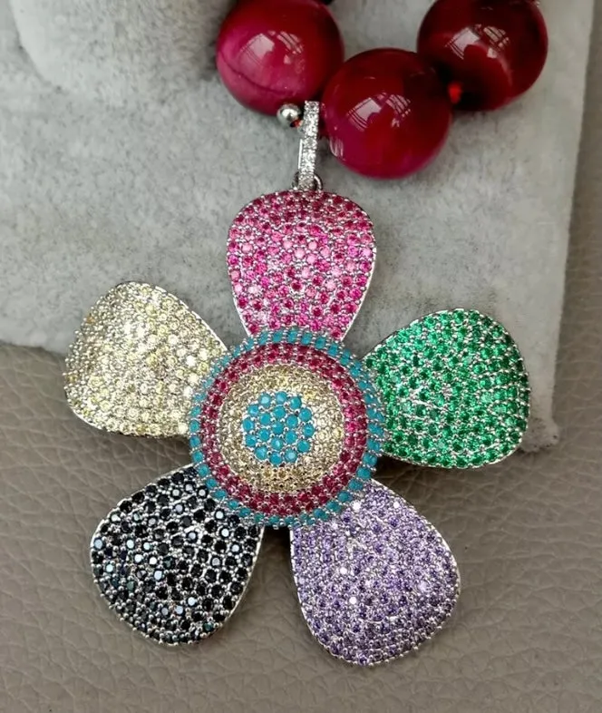 Vivid Fuchsia Tiger’s Eye & Pave Flower Pendant Statement Necklace 24”