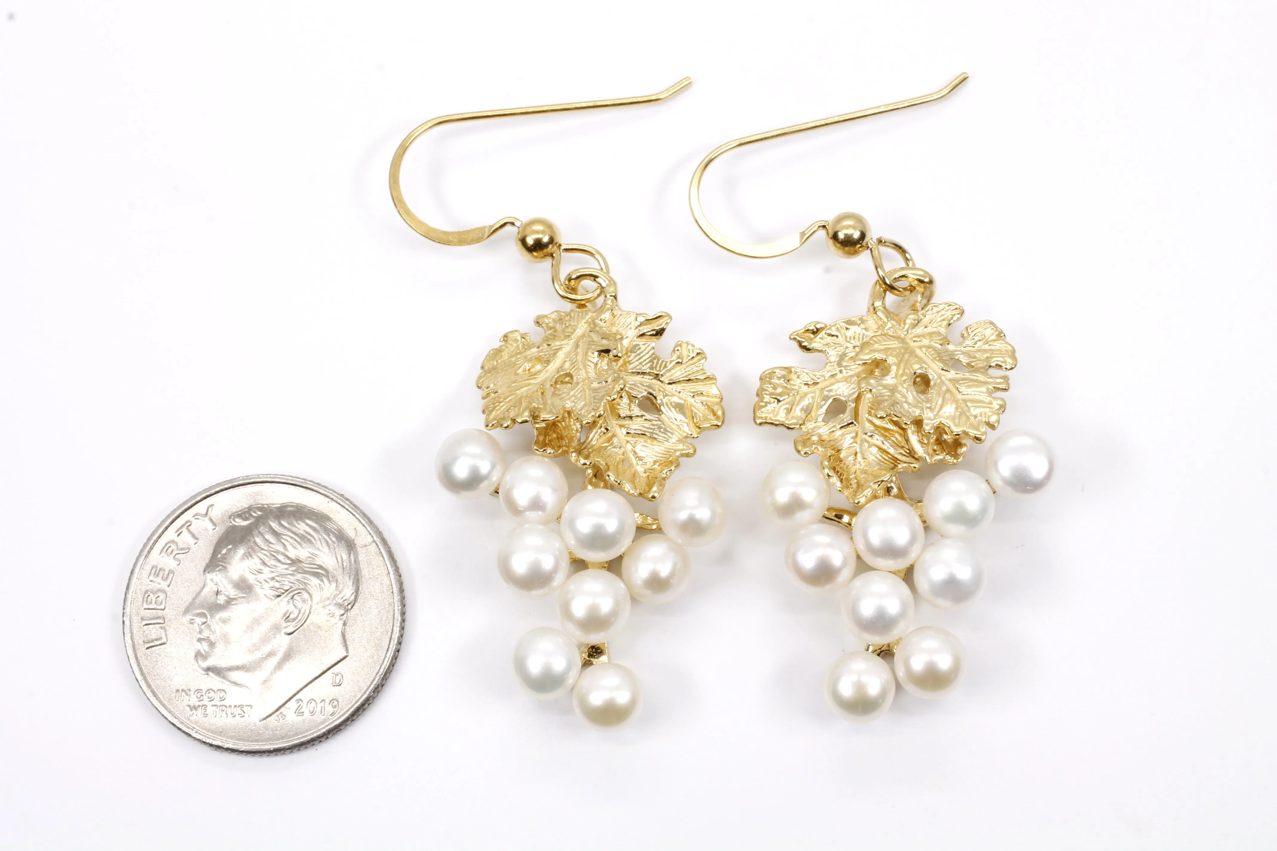 White Pearl Grape Dangle Earrings made in 14kt gold vermeil for wine lover gift