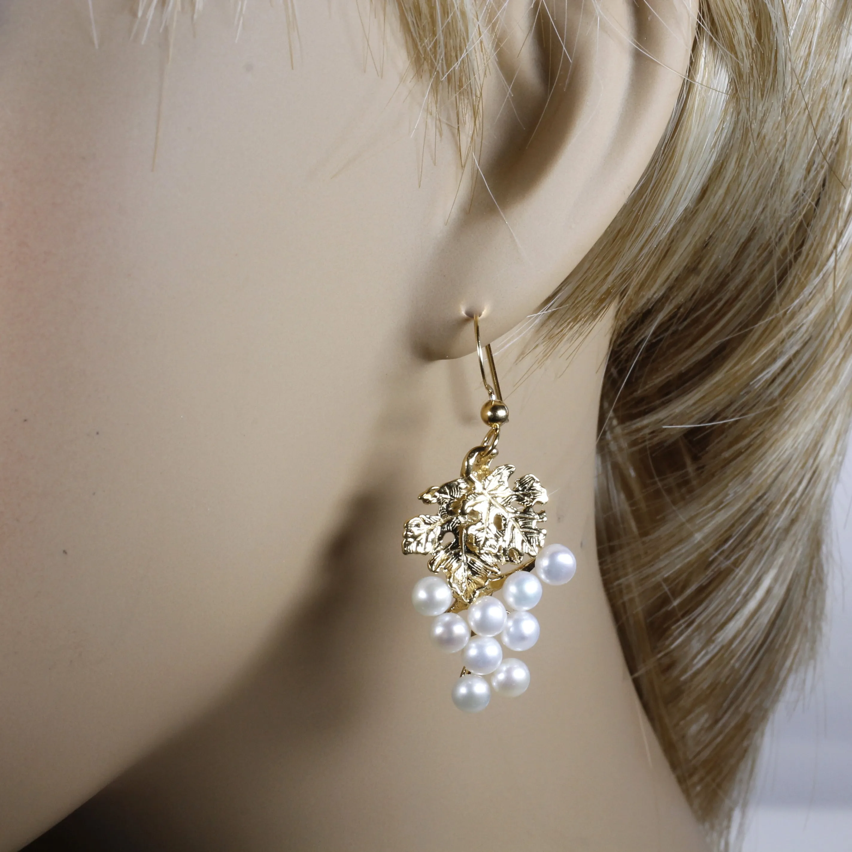 White Pearl Grape Dangle Earrings made in 14kt gold vermeil for wine lover gift