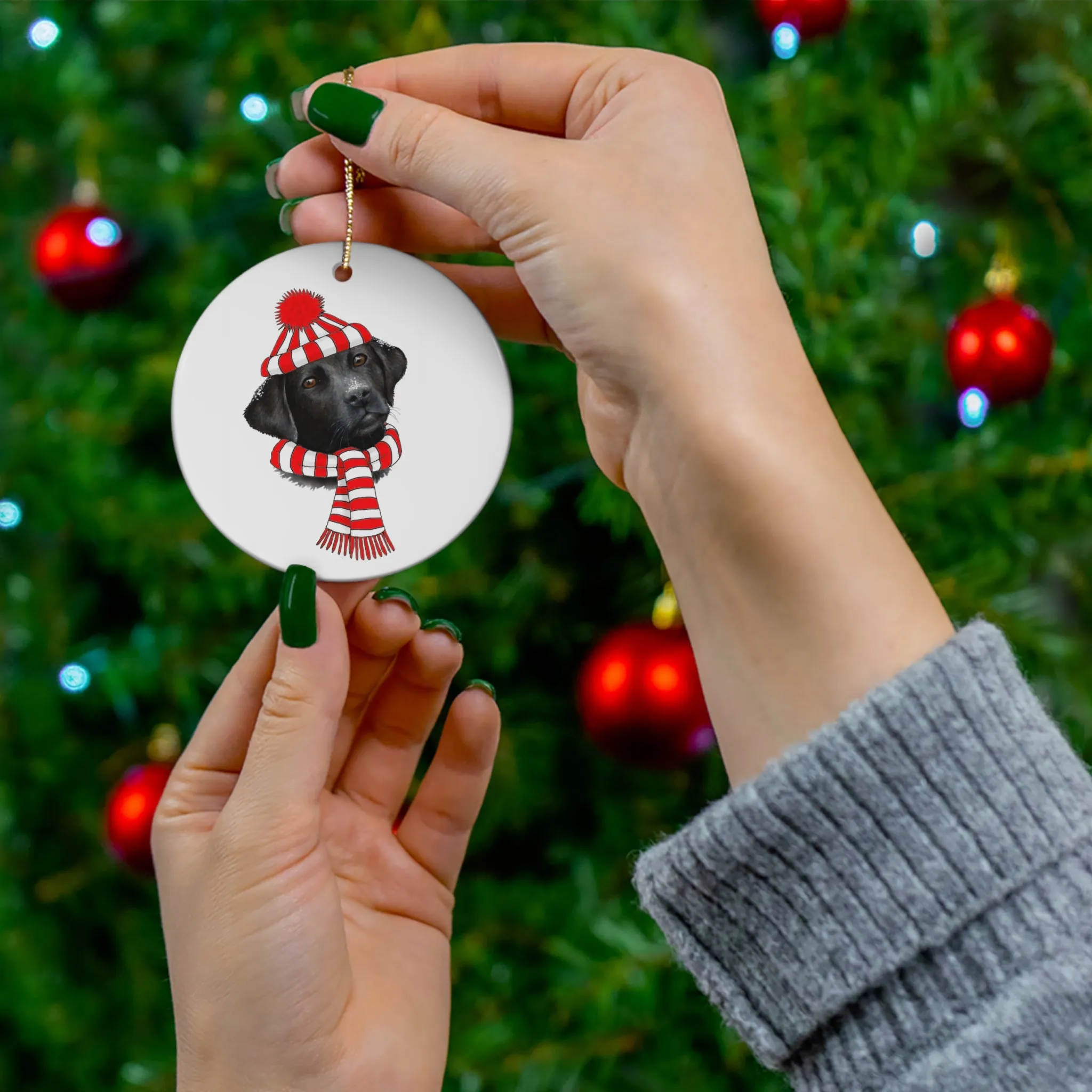 Winter Labrador With White and Red Hat Ceramic Disc Ornament         Item #8932097